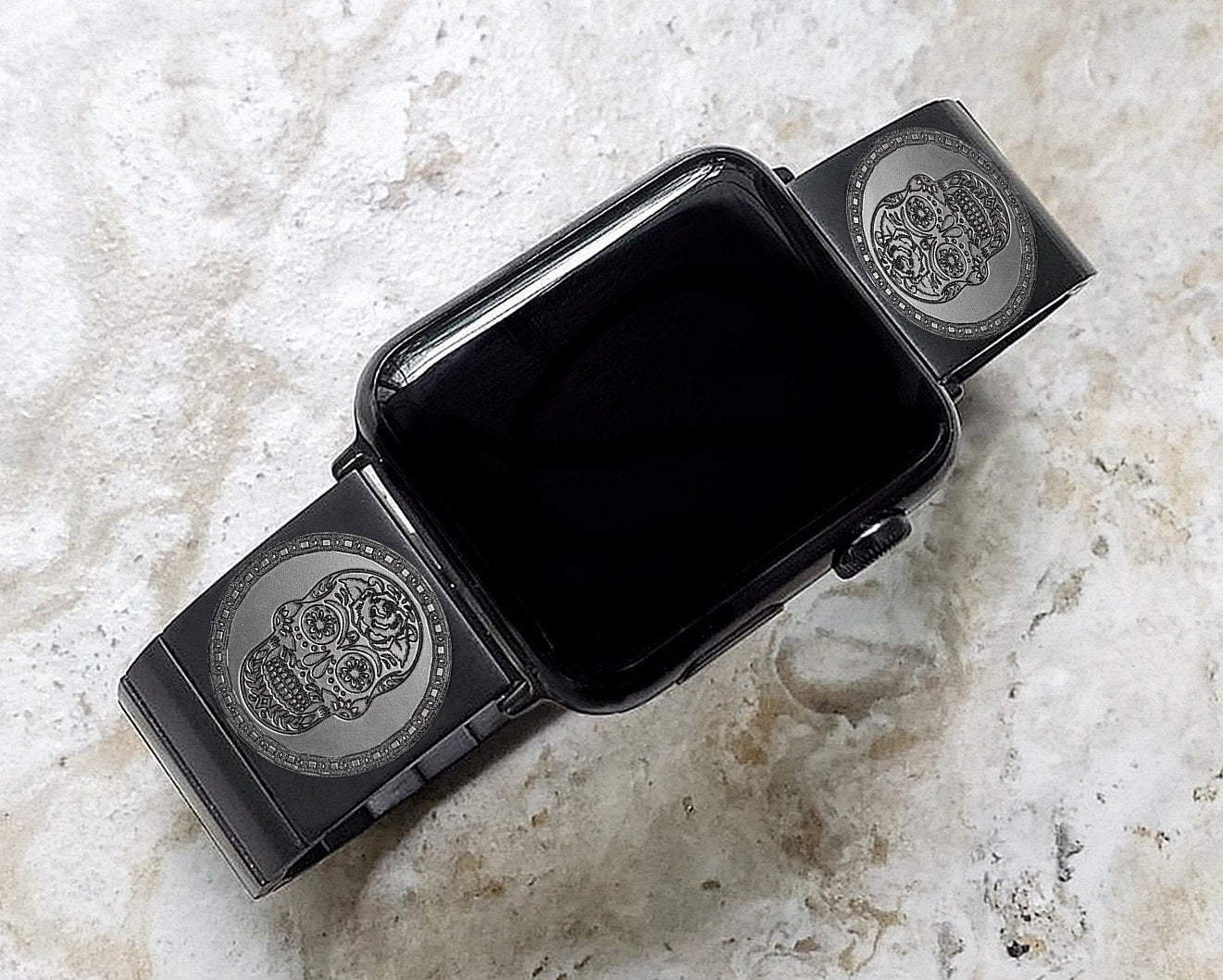 Engraved Watch Band Compatible with Apple Watch Ultra 2 9 8 7 SE 6 5 4 3 2 1 Case 38mm 40mm 41mm 42mm 44mm 45mm 49mm Black St Steel SS2